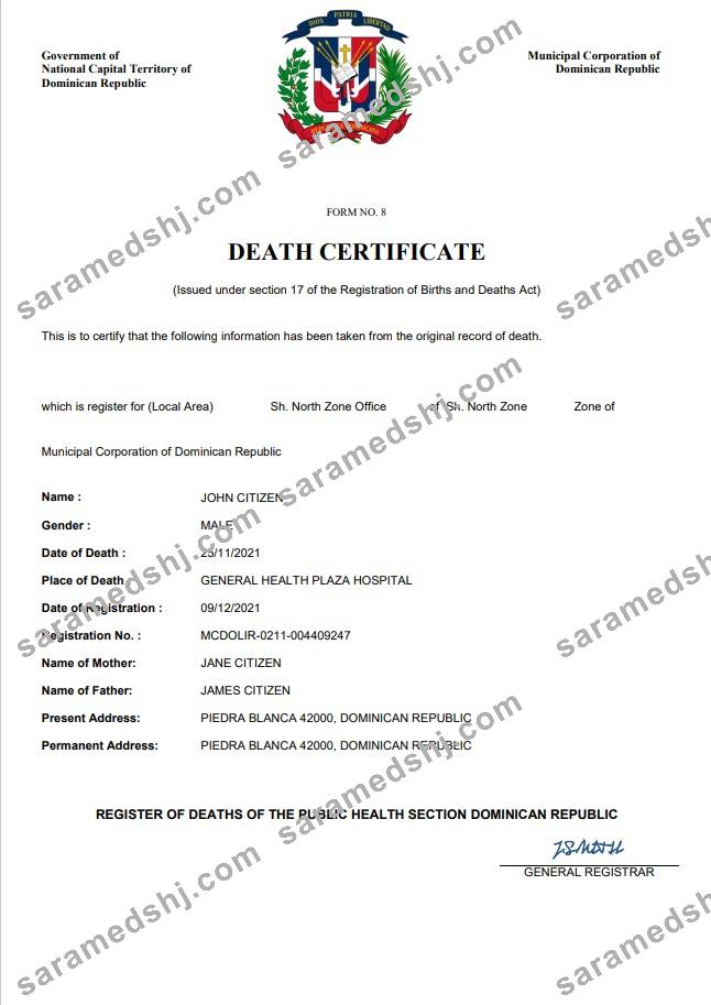 Dominican Republic death certificate Word and PDF template